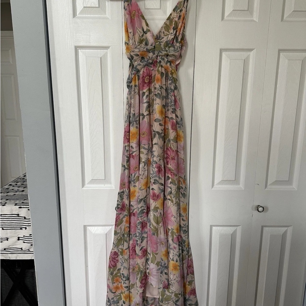 Astr Pink and Yellow Floral V-Neck Maxi Dress